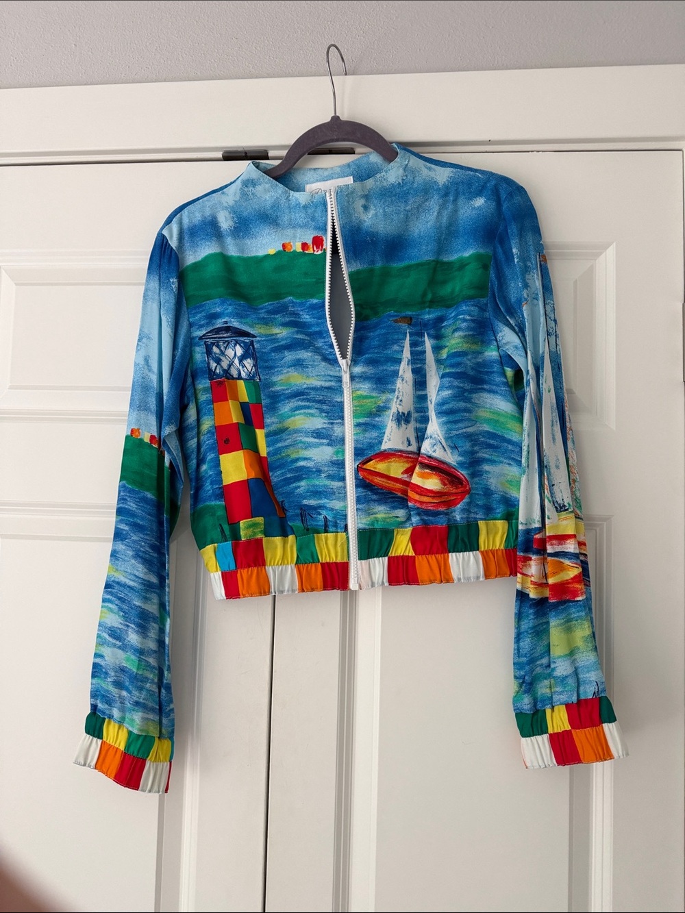 Breeze Dorothy Schclen Nautical Lighthouse Sailboat Art Bomber Jacket Women's S